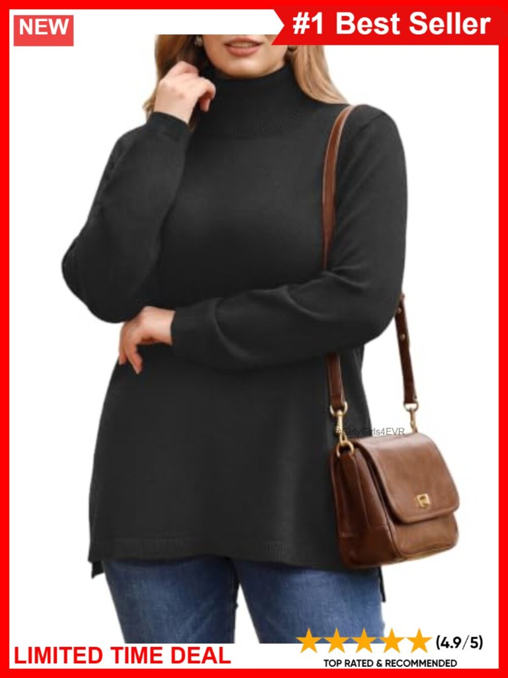 Plus Size Turtleneck Sweater Long Sleeve Split Hem Knit Pullover Tunic